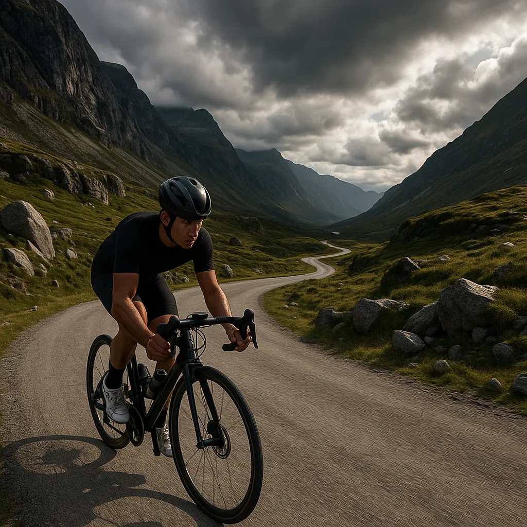 Enjoy an online jigsaw puzzle designed for browser play, featuring an outdoor sports scene of a cyclist riding through a mountainous landscape.