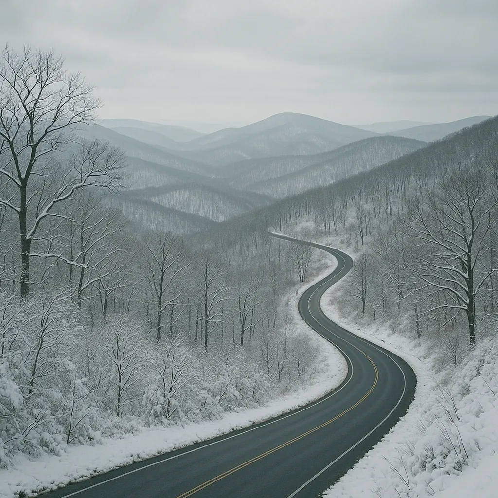 Enjoy an online jigsaw puzzle designed for browser play, featuring a serene winter landscape and a winding road cutting through snow-dusted hills.