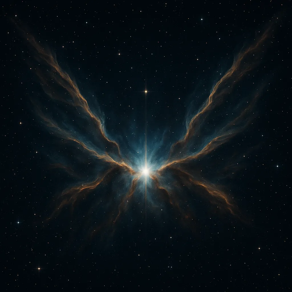 Discover a puzzle with a luminous cosmic scene perfect for PuzzleFree.Game: a brilliant star at the center radiates icy blue light while golden, wing-like gas s