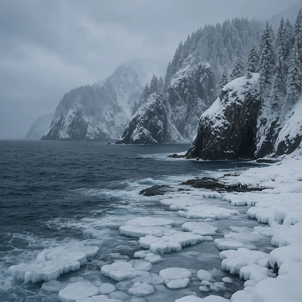 Enjoy an online jigsaw puzzle designed for browser play, featuring a wintry coastal landscape in the heart of nature.