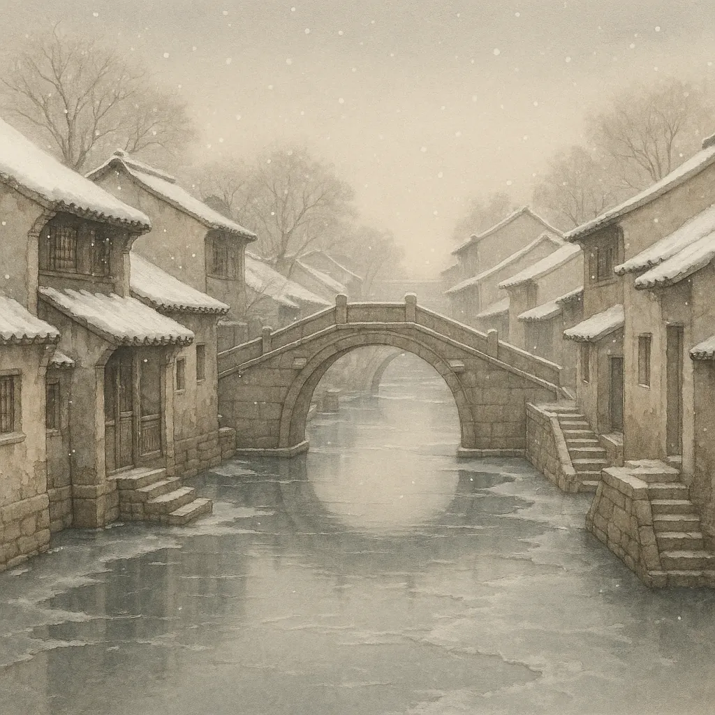 Discover a puzzle with a serene snowy canal scene featuring a graceful stone arch bridge framed by rows of traditional riverside houses.