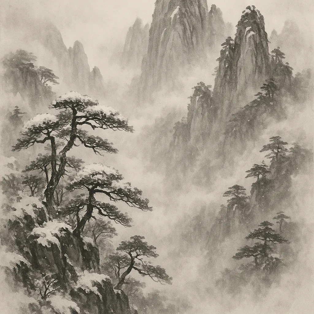 Enjoy assembling a puzzle depicting a serene ink-wash mountain landscape with windswept pine trees, craggy peaks and layers of drifting mist in soft monochrome
