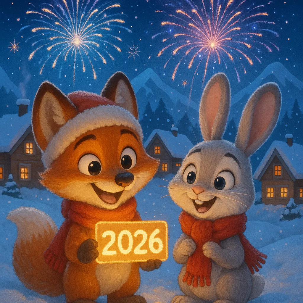Enjoy assembling a puzzle depicting a cheerful fox and a joyful rabbit in a snowy village night, holding a glowing "2026" sign as colorful fireworks burst overh