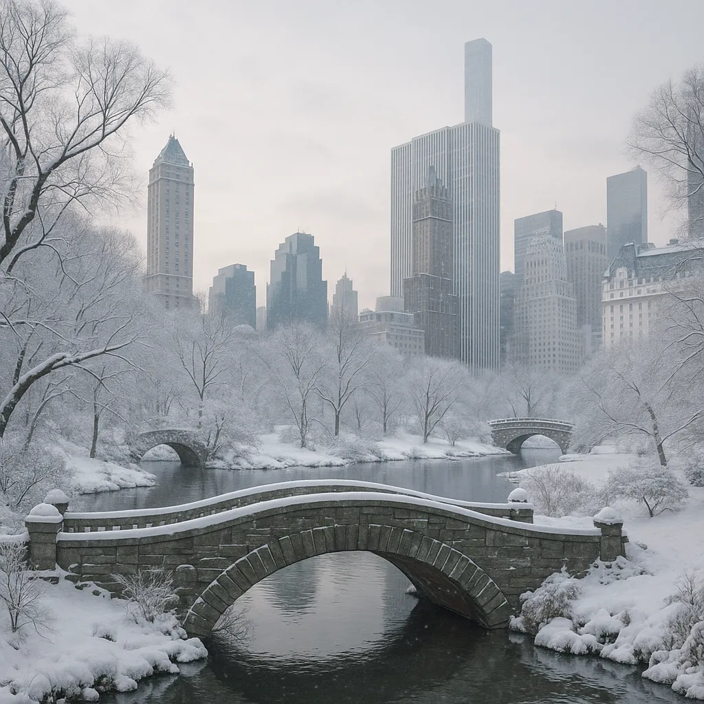 Discover a puzzle with a peaceful winter scene of a snow-blanketed park and graceful stone bridges spanning a glassy river, set against a muted city skyline.