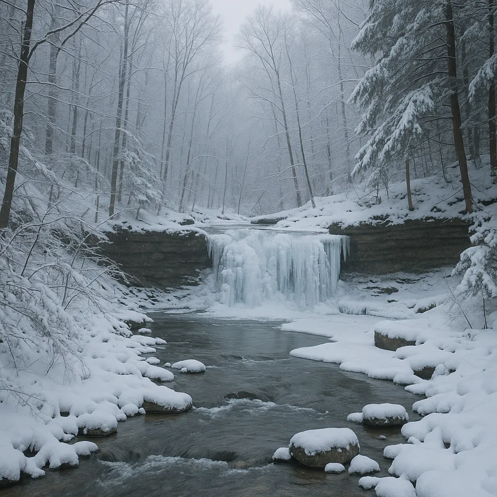 Enjoy an online jigsaw puzzle designed for browser play, featuring a peaceful winter nature scene of a frozen waterfall surrounded by snow-draped trees.