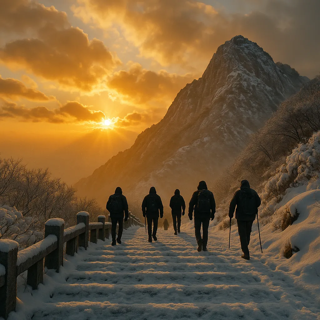 Enjoy assembling a puzzle depicting a small group of hikers walking up snow-covered stone steps toward a dramatic, craggy mountain under a golden sunrise.