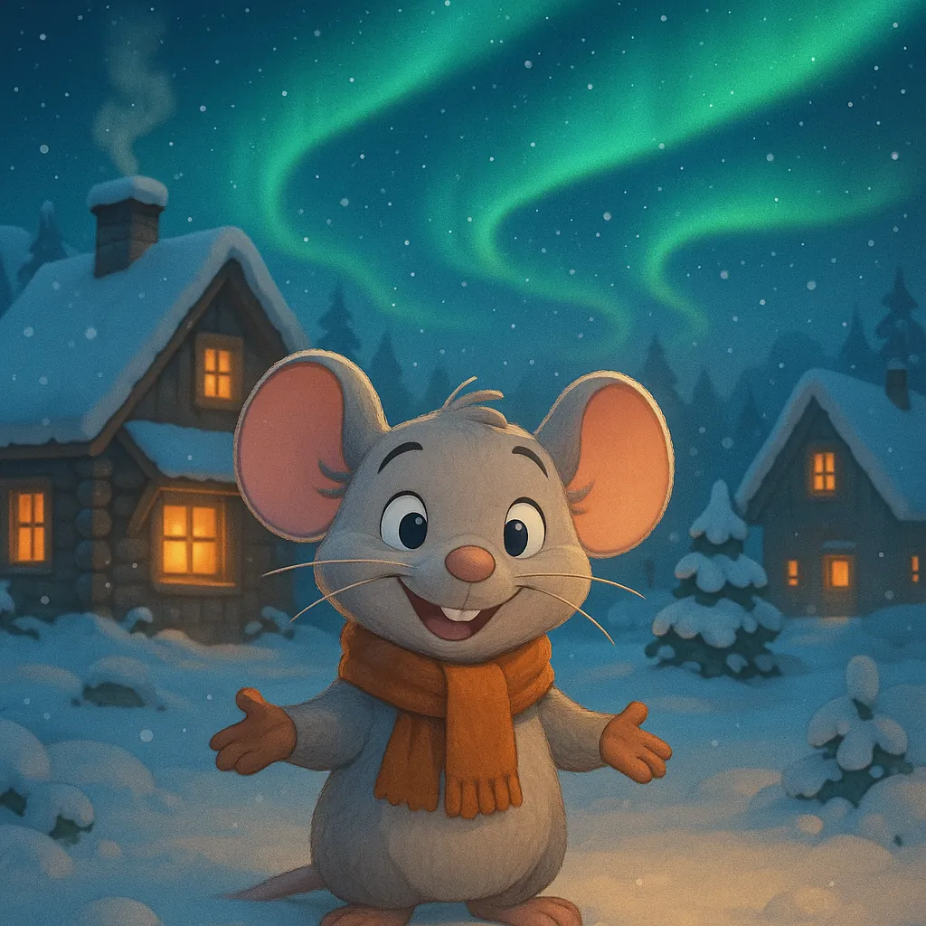 Enjoy assembling a puzzle depicting an adorable cartoon mouse bundled in an orange scarf, standing in a snowy village with glowing cottage windows and softly fa
