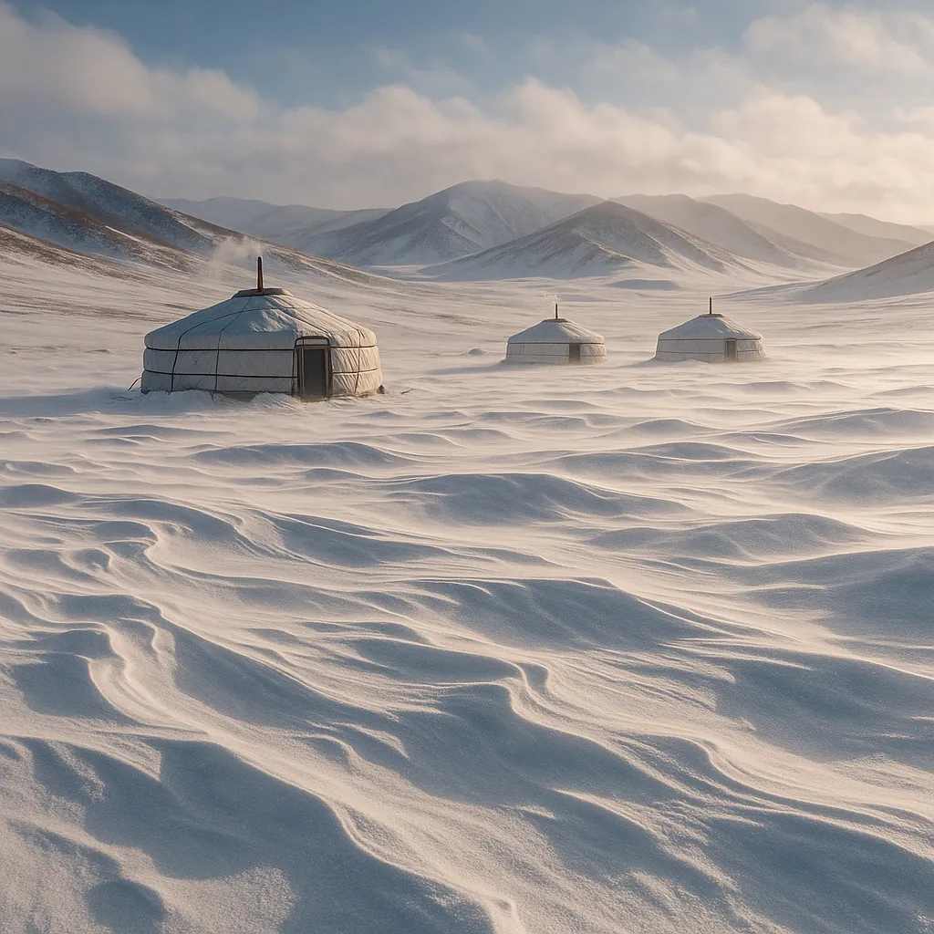 Discover a puzzle with three traditional yurts nestled in a vast, snow-covered valley, their round shapes punctuating rippled drifts of powder under soft mornin