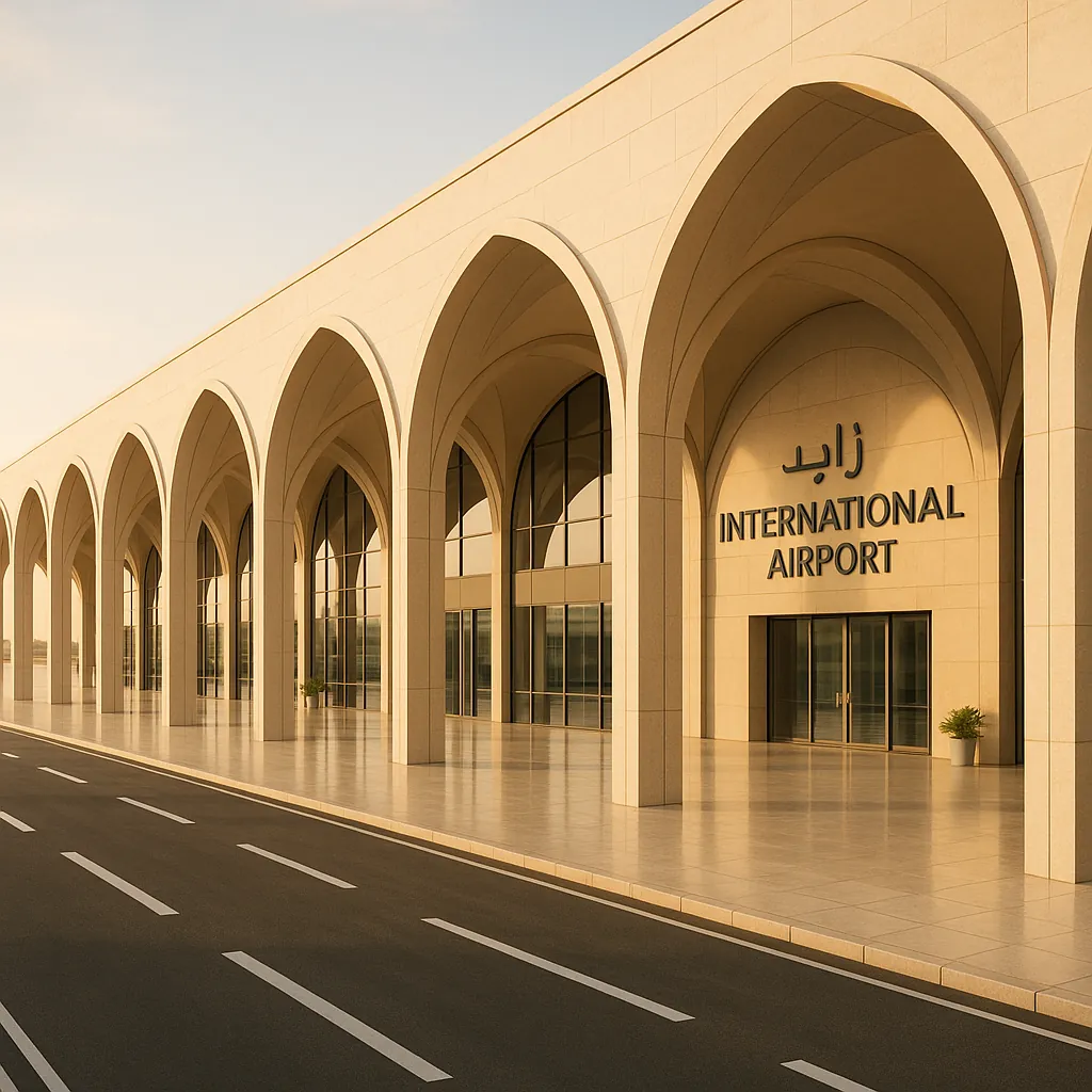 Discover a puzzle with a serene international airport façade framed by a long row of elegant stone arches.