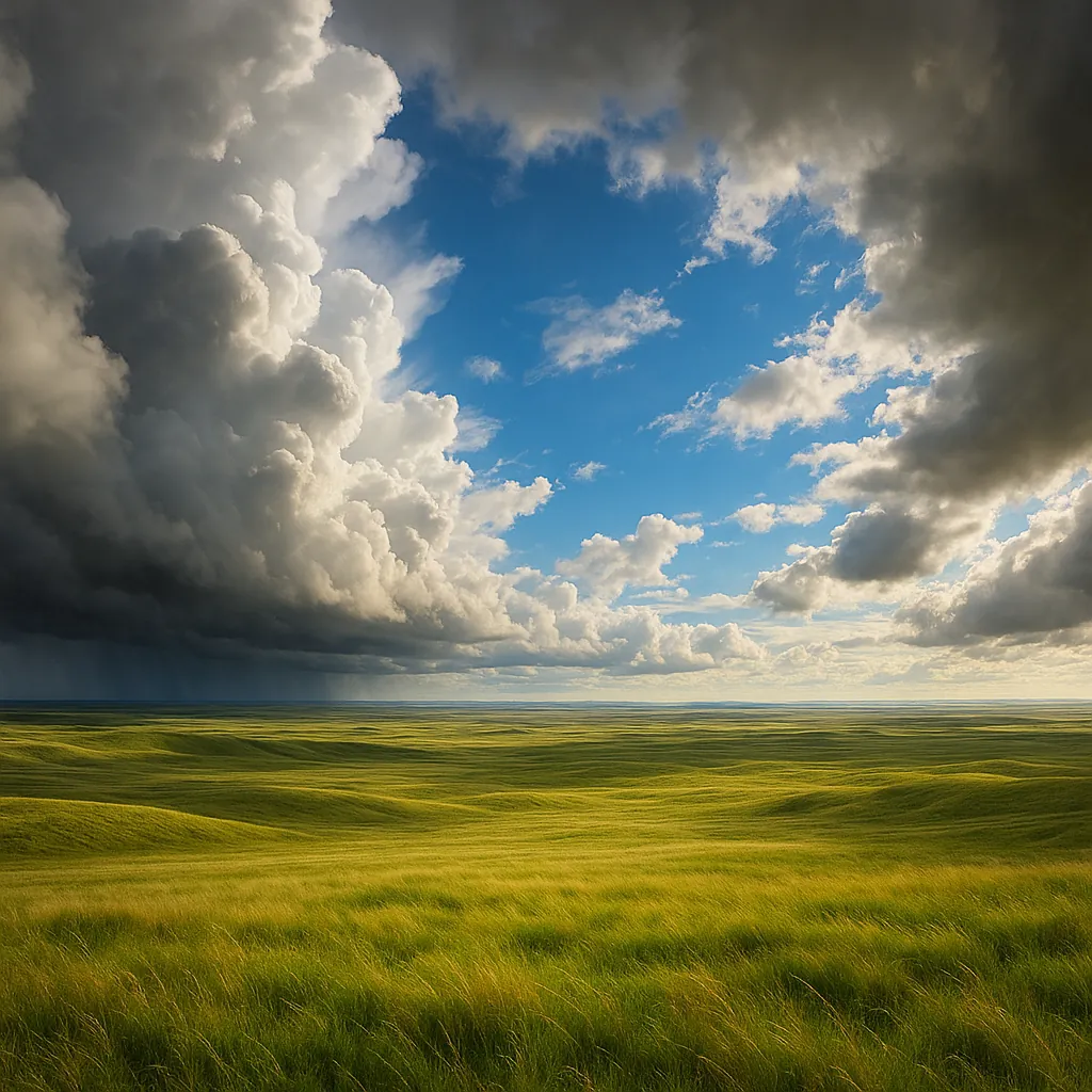 Enjoy an online jigsaw puzzle designed for browser play, featuring a sweeping nature scene of rolling green plains under a dramatic sky.