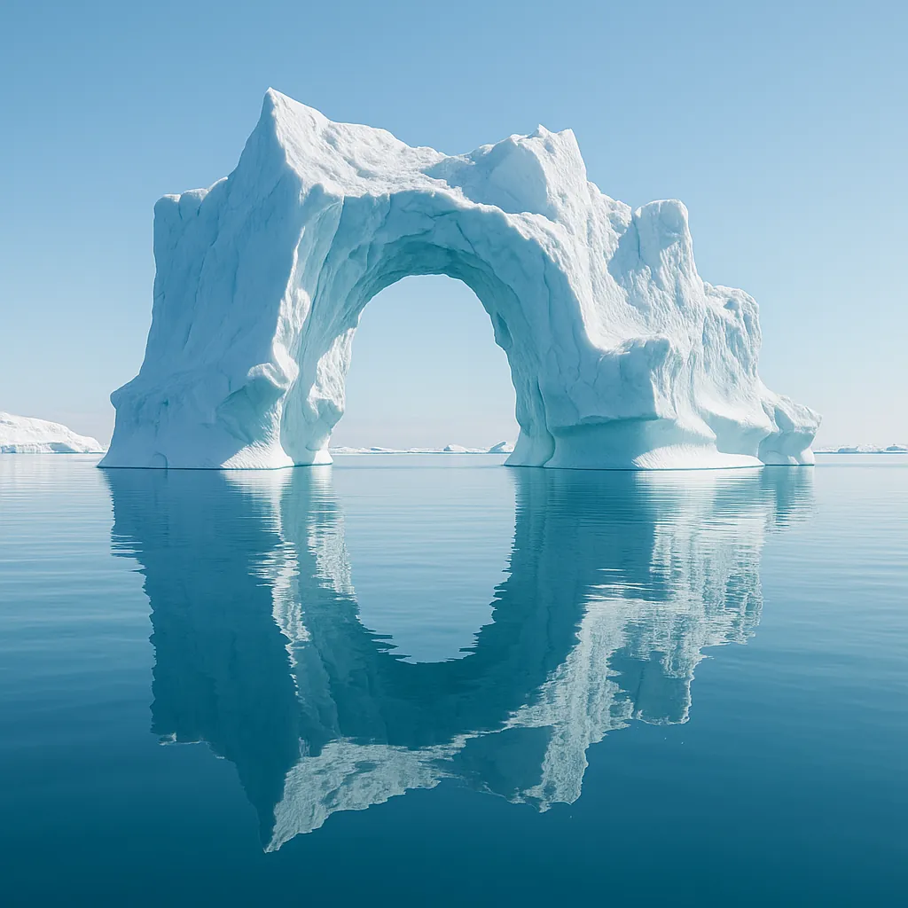 Play an online jigsaw puzzle in your browser that shows a stunning natural scene of an iceberg arch set against a clear Arctic sky.