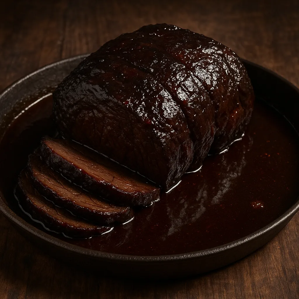 Enjoy an online jigsaw puzzle designed for browser play, featuring a richly glazed roast beef and savory dinner theme in warm, appetizing tones.