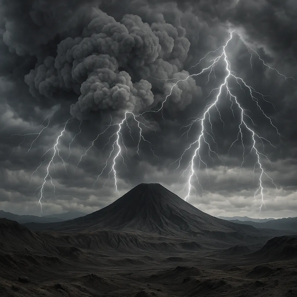 Enjoy an online jigsaw puzzle designed for browser play, featuring a dramatic natural scene of a volcano under a stormy sky.