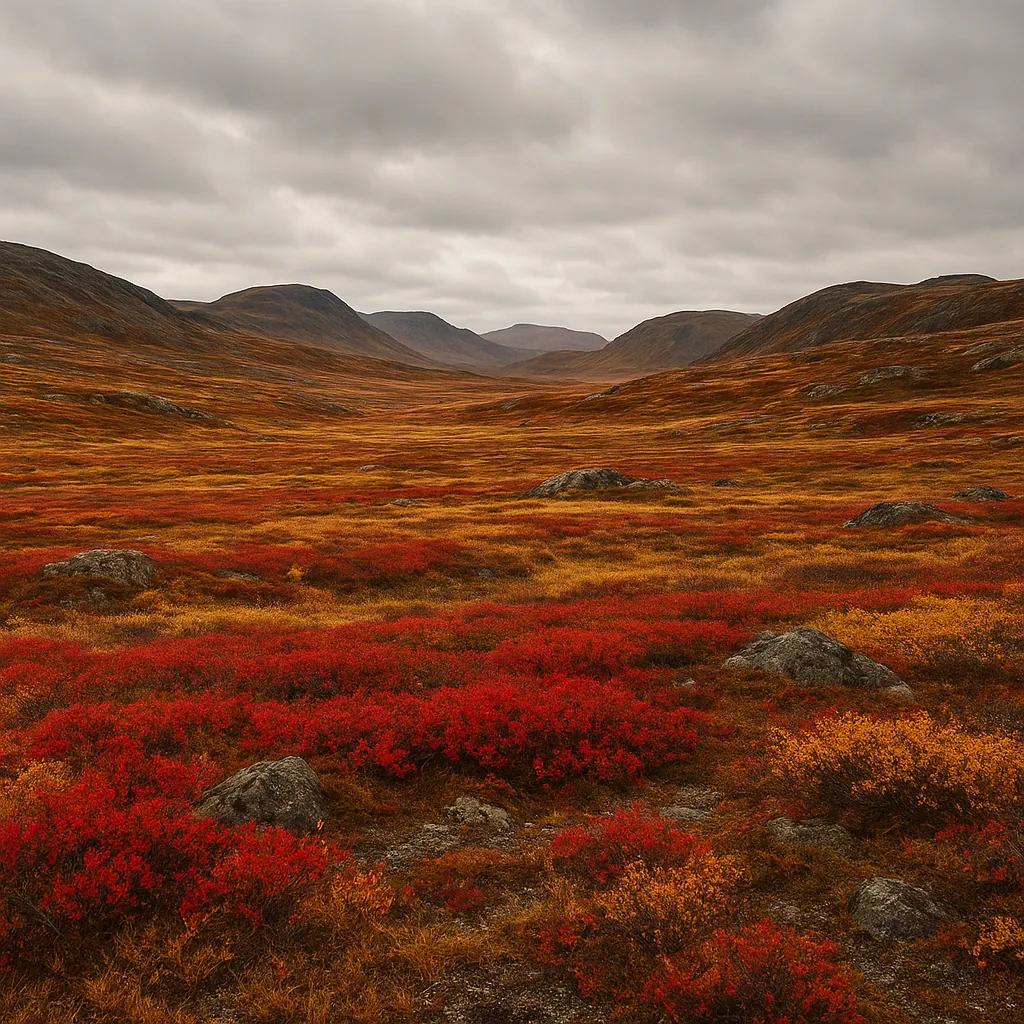 Enjoy an online jigsaw puzzle designed for browser play, featuring a sweeping autumn tundra landscape in nature's warm hues.