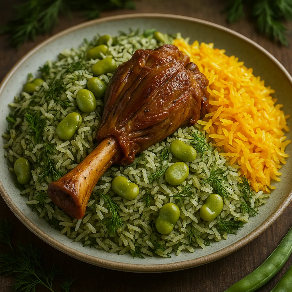 This online jigsaw puzzle features a warm food scene showing a roasted lamb shank nestled on vibrant herbed rice with bright yellow saffron rice on the side.
