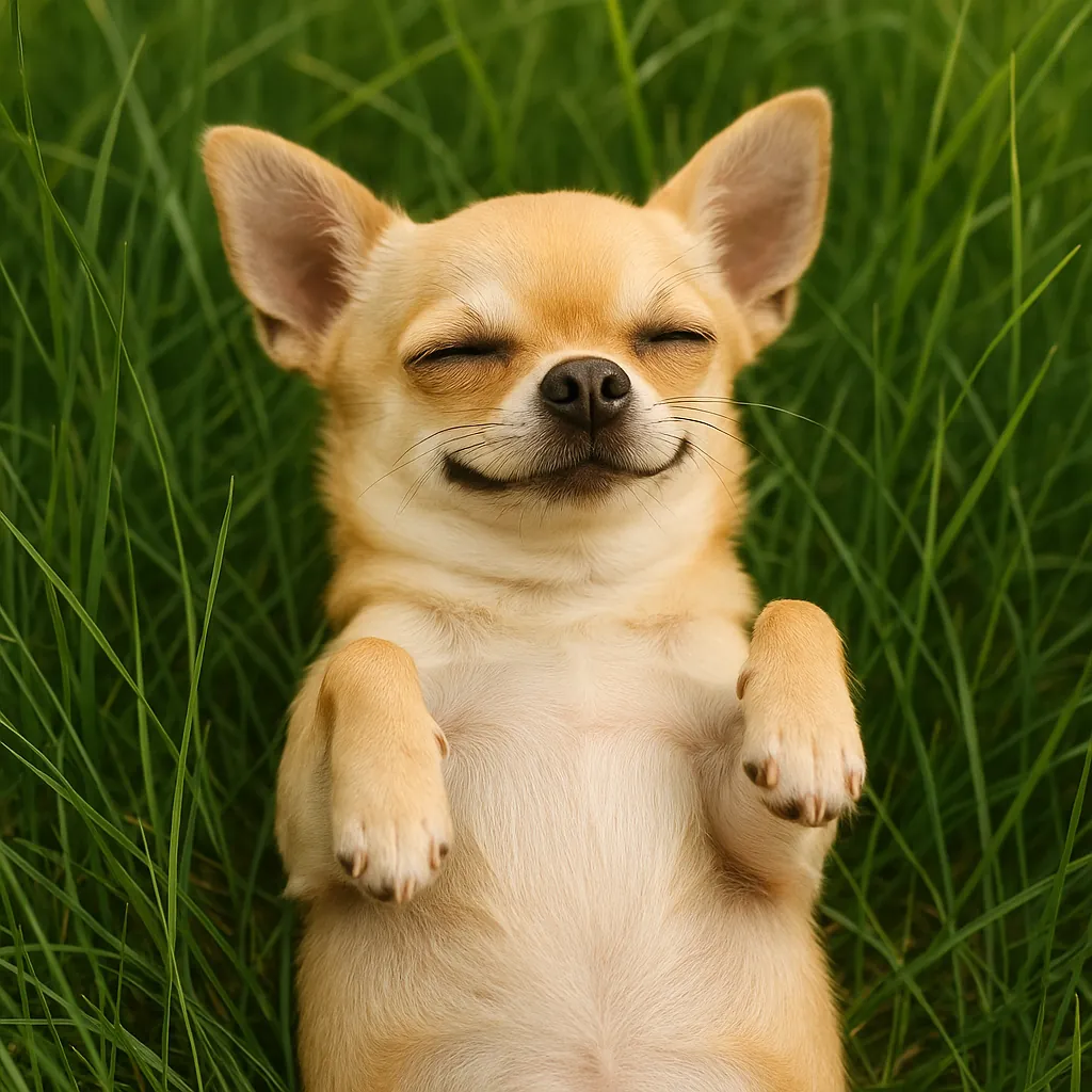 This online jigsaw puzzle features a content little dog basking in a patch of fresh green grass, perfect for animal lovers and cozy nature scenes.