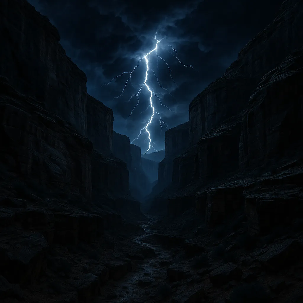 Enjoy an online jigsaw puzzle designed for browser play, featuring a dramatic storm slicing through a narrow canyon beneath a midnight sky.