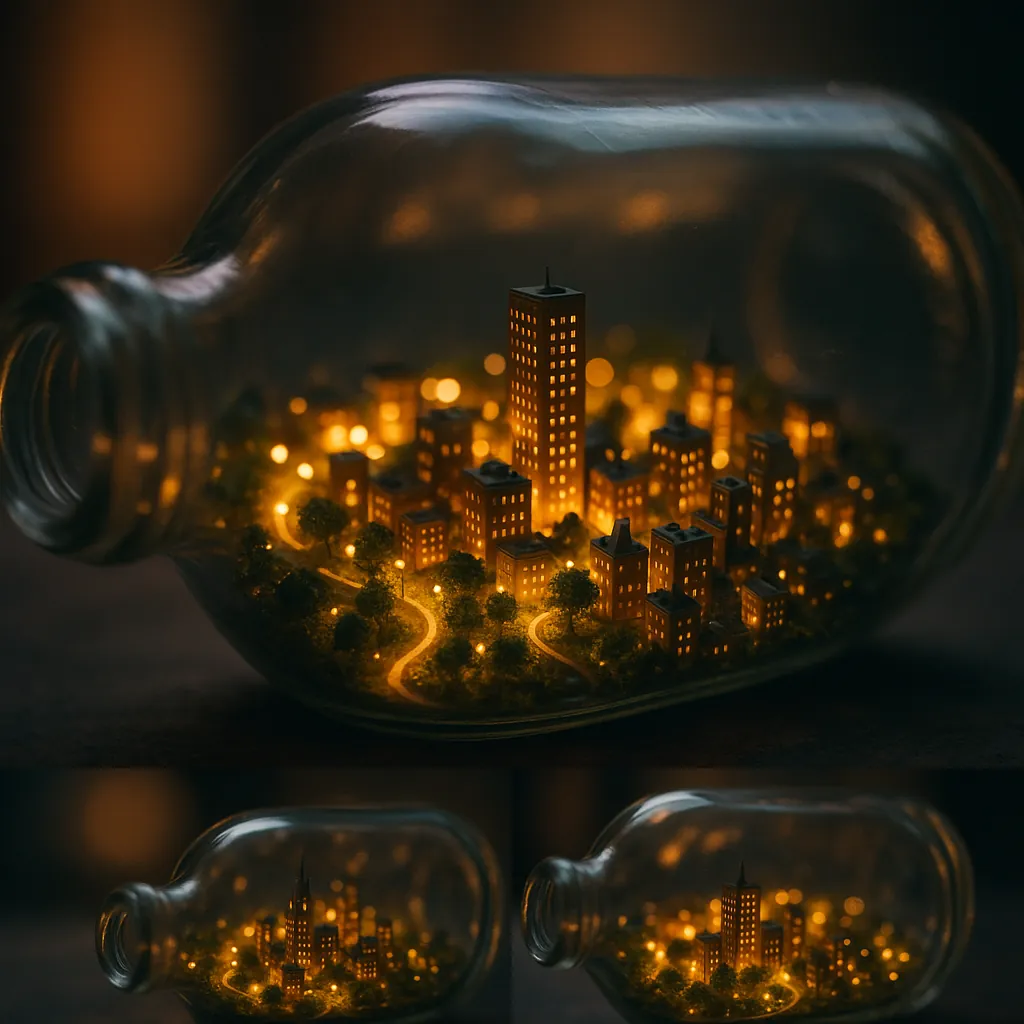 Enjoy an online jigsaw puzzle designed for browser play, featuring a tiny illuminated city tucked inside a glass bottle — a whimsical blend of urban and miniatu
