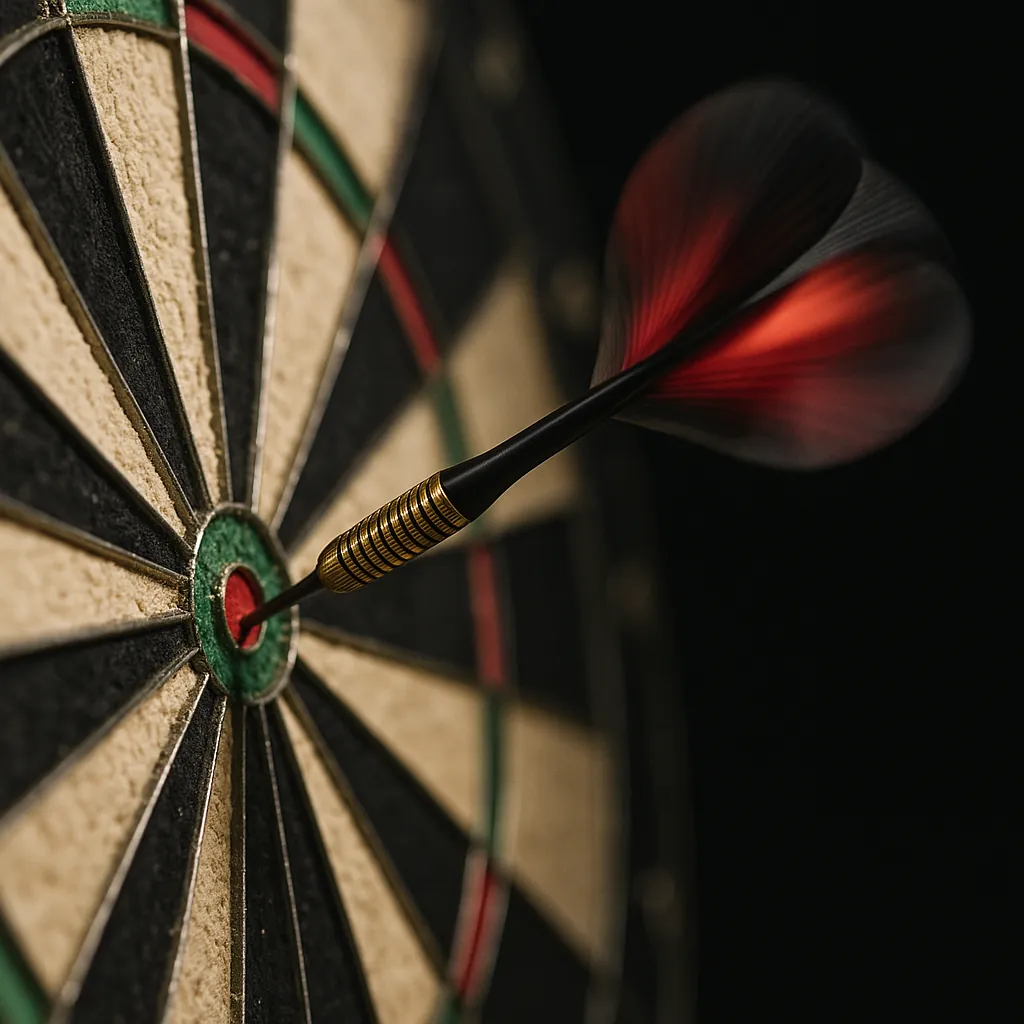 Play an online jigsaw puzzle in your browser that shows a dramatic close-up of a dartboard and a sleek dart hitting the bullseye, perfect for fans of sports and