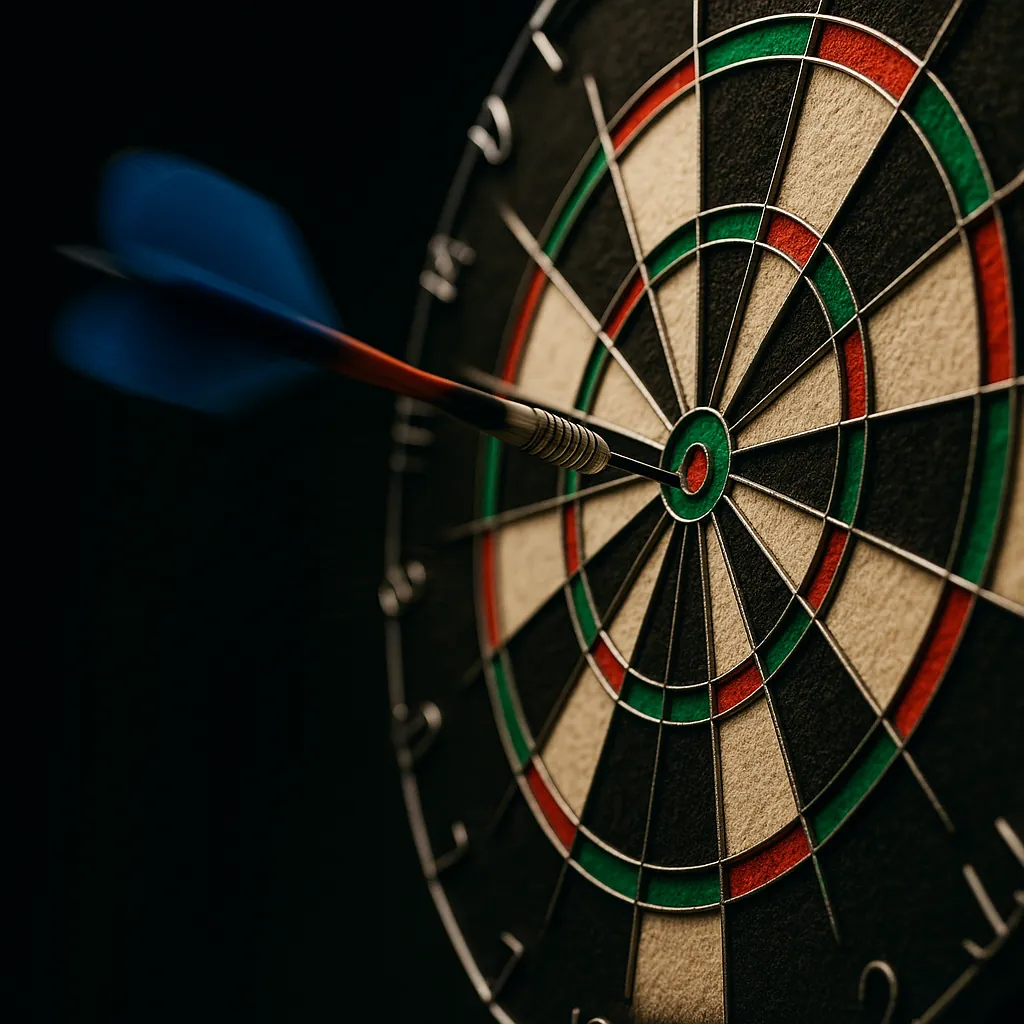 Play an online jigsaw puzzle in your browser that shows a close-up of a dartboard and a dart, capturing the full spirit of a classic game and sports moment.
