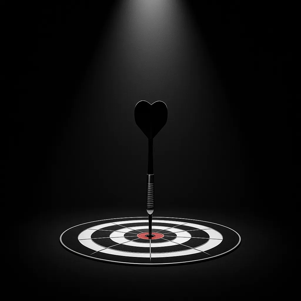 This online jigsaw puzzle features a dramatic still-life of a dartboard and a single dart poised in the bullseye, perfect for fans of games and symbolic imagery