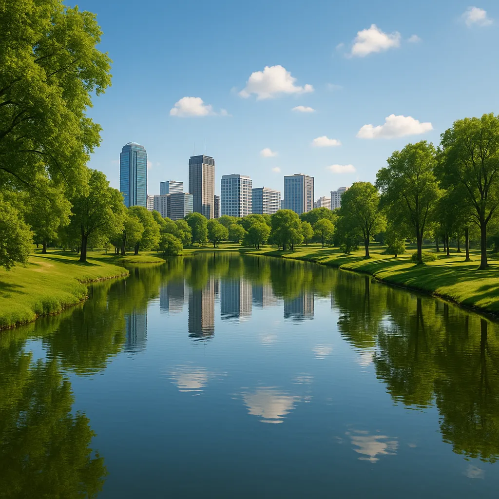 This online jigsaw puzzle features a peaceful city park scene with a bright skyline mirrored in a calm river, perfect for browser play.