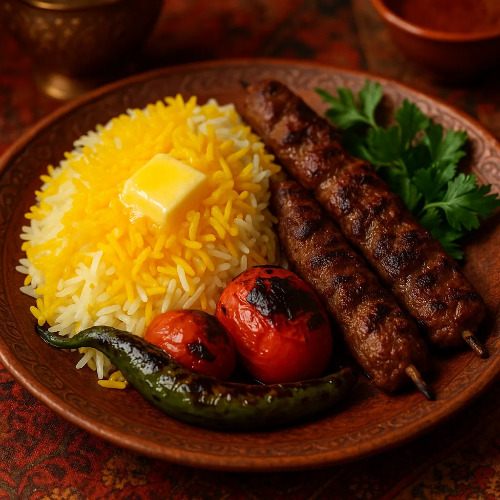 Enjoy an online jigsaw puzzle designed for browser play, featuring a warm and inviting food scene of grilled kebabs and saffron rice.