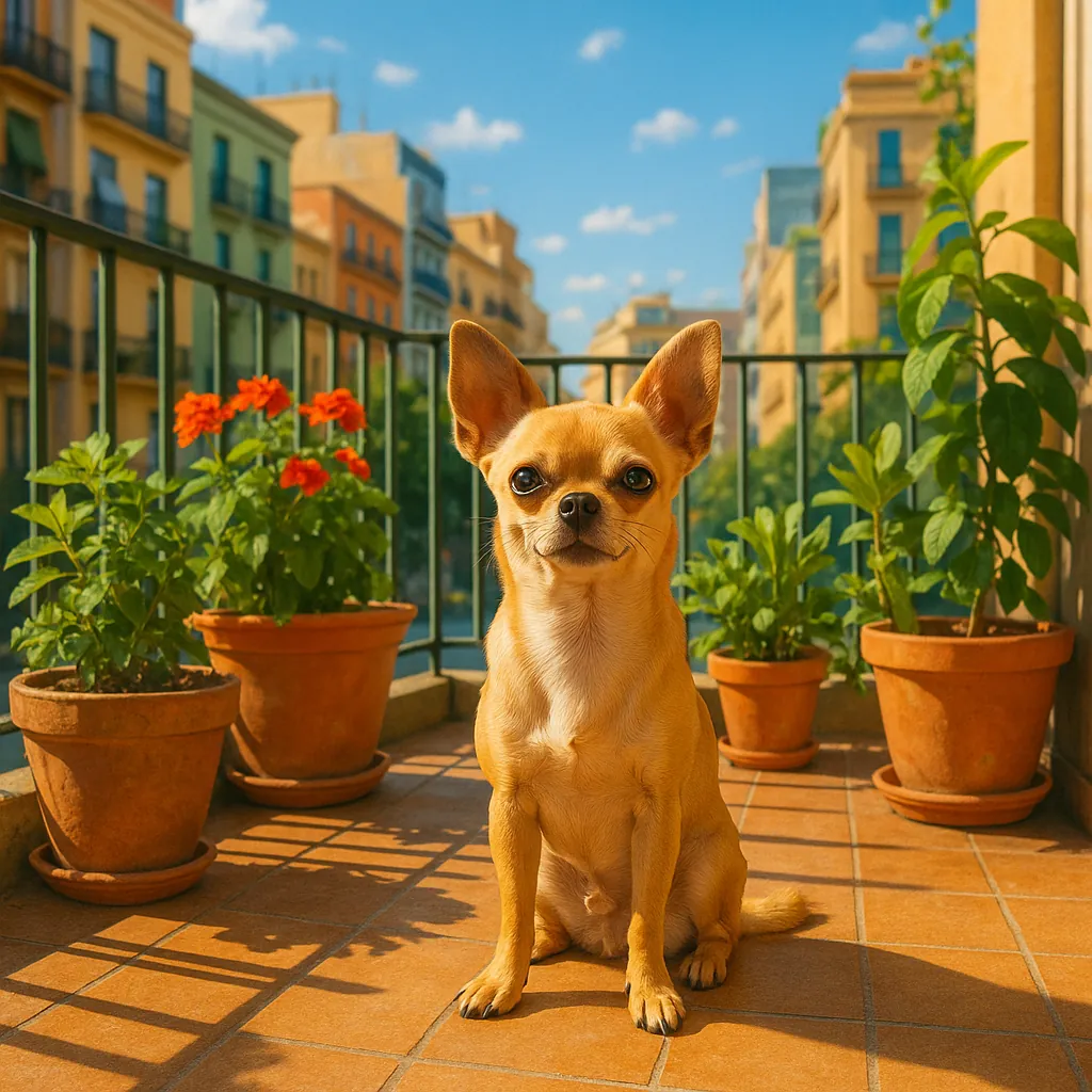 This online jigsaw puzzle features a charming city balcony scene with a tiny tan chihuahua as the star, perfect for animal and urban-lifestyle lovers to enjoy i