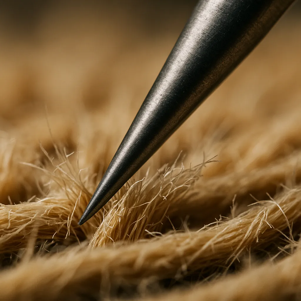 This online jigsaw puzzle features a close-up still life of a sharp metal tip poised above textured natural fibers, perfect for lovers of macro photography and