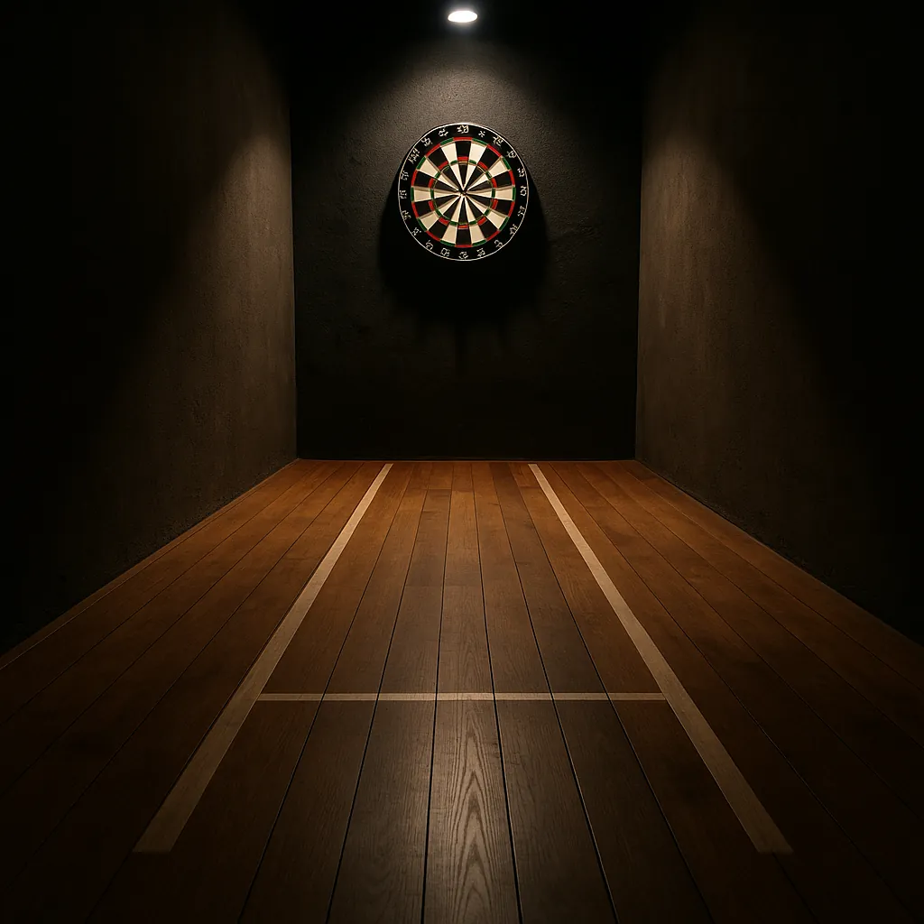 Enjoy an online jigsaw puzzle designed for browser play, featuring a moody indoor game scene centered on a classic dartboard.