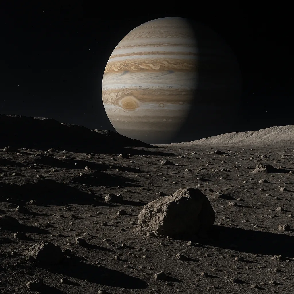 Enjoy an online jigsaw puzzle designed for browser play, featuring a stunning space scene of a rocky moonlike surface with a giant planet rising on the horizon.