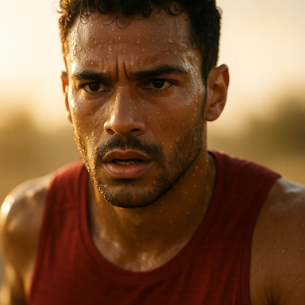 Enjoy an online jigsaw puzzle designed for browser play, featuring a close-up portrait of a determined runner in a red tank top.