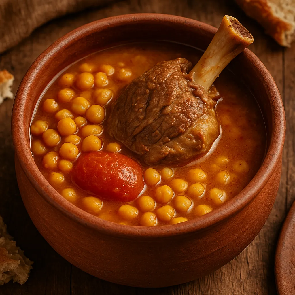 This online jigsaw puzzle features a warm, inviting food scene of a hearty stew served in an earthenware bowl.