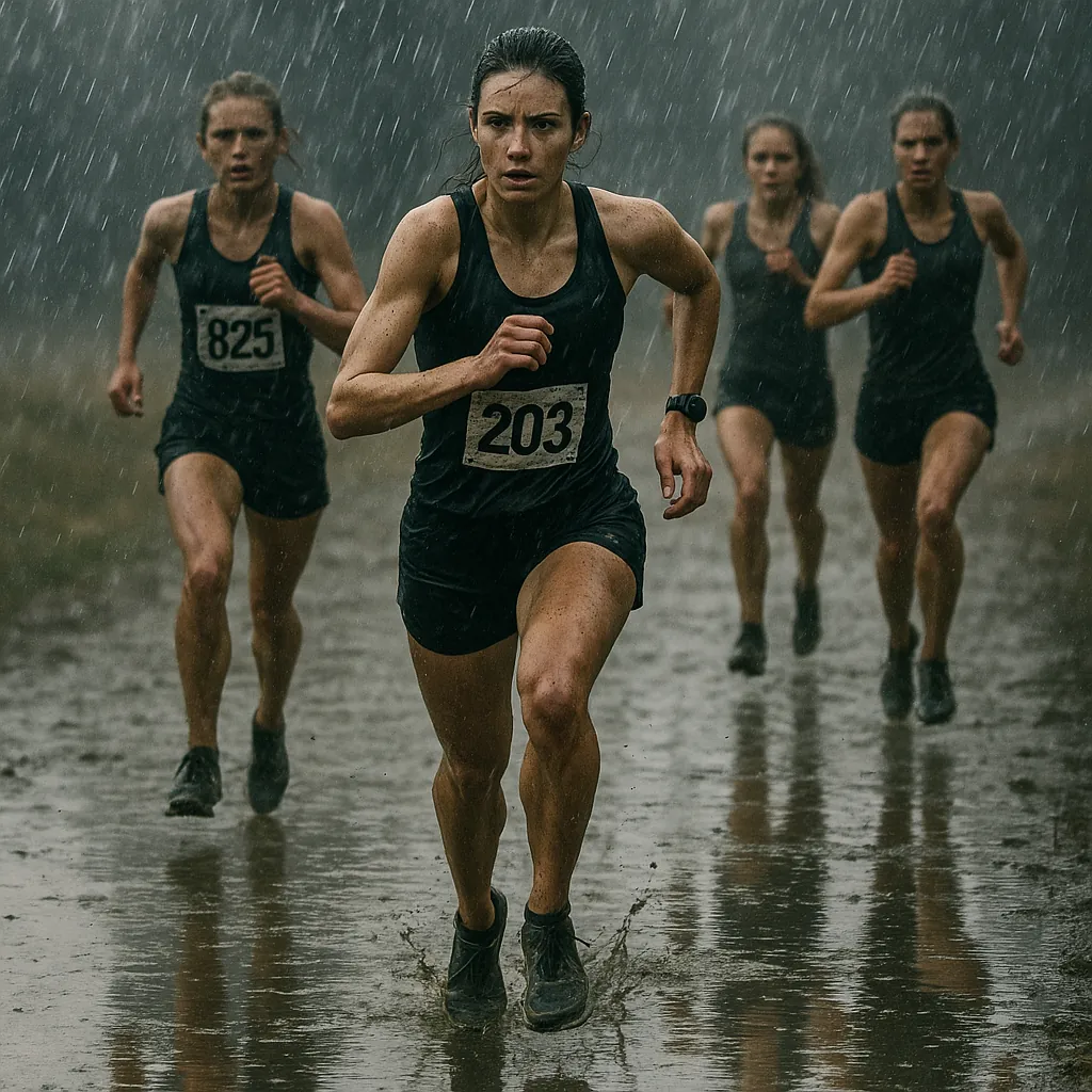 Enjoy an online jigsaw puzzle designed for browser play, featuring an intense sports scene of cross-country runners battling the elements.