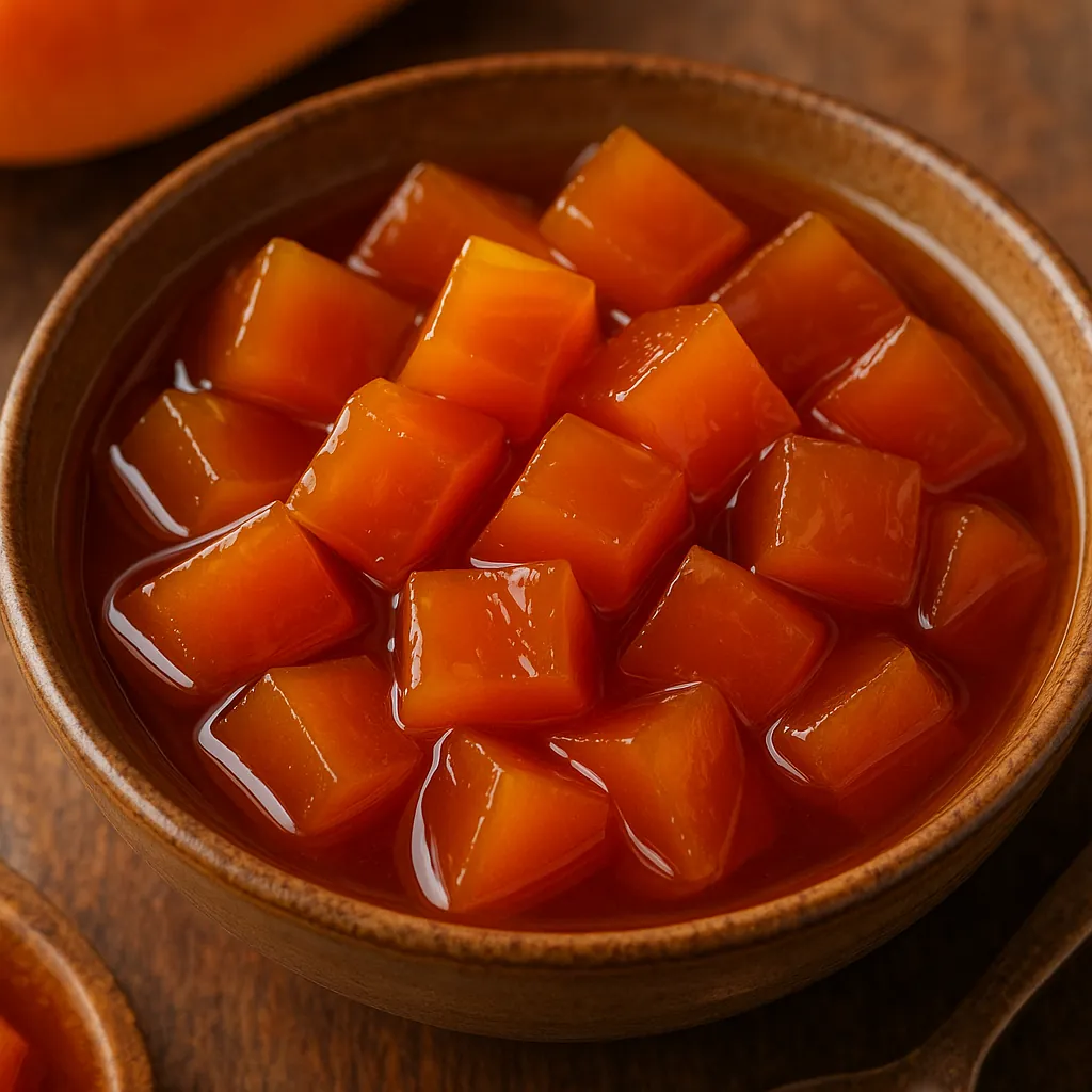 This online jigsaw puzzle features a close-up food scene of glossy orange fruit cubes in syrup, perfect for browser play.