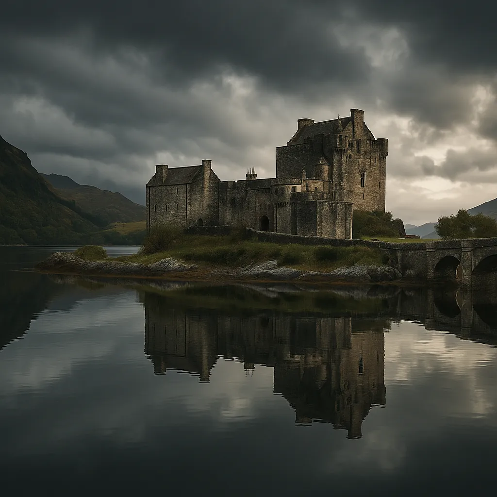 Enjoy an online jigsaw puzzle designed for browser play, featuring a moody castle set against a dramatic lakeside landscape.