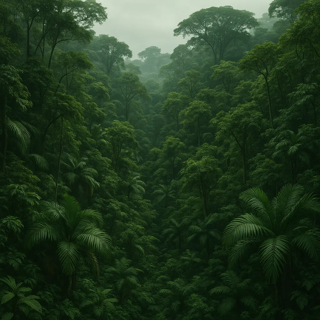 Enjoy an online jigsaw puzzle designed for browser play, featuring a lush, misty rainforest bursting with deep greens and layered foliage.
