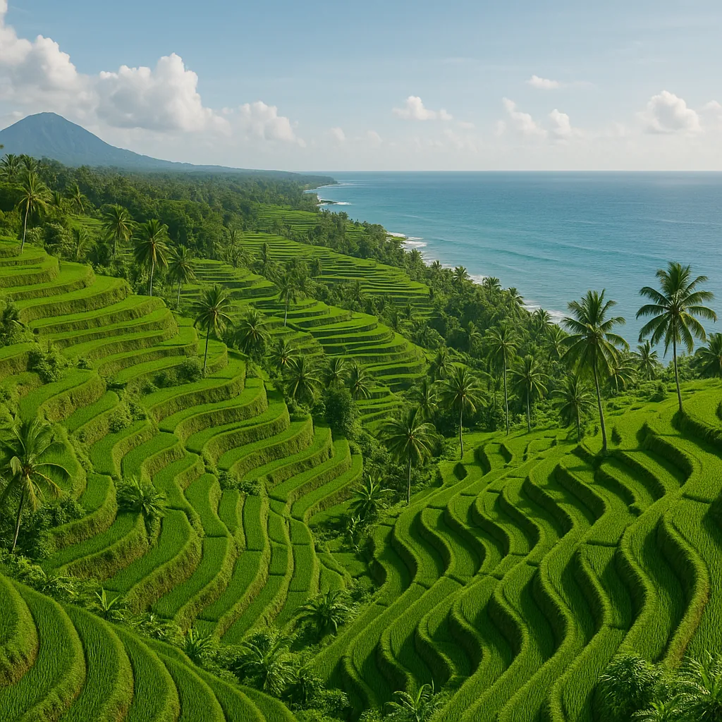 This online jigsaw puzzle features a lush coastal landscape of terraced rice fields and swaying palm trees, perfect for nature and travel lovers to enjoy in the