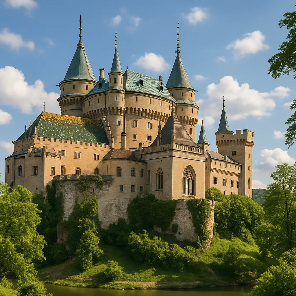 Enjoy an online jigsaw puzzle designed for browser play, featuring a stately castle set amid lush greenery and sky.