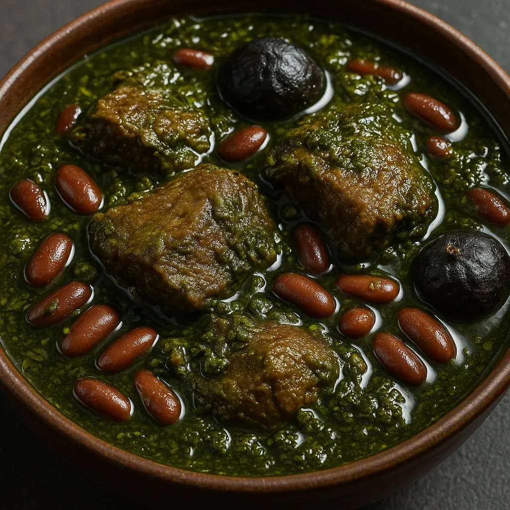 Play an online jigsaw puzzle in your browser that shows a comforting food scene, centered on a rustic bowl of green, herb-rich stew dotted with tender meat piec