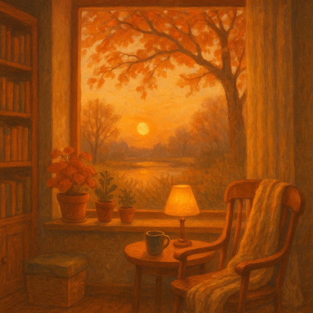 Enjoy an online jigsaw puzzle designed for browser play, featuring a cozy interior scene that opens onto a golden autumn landscape.