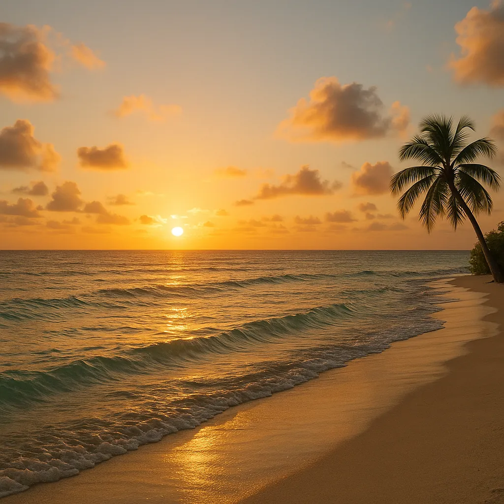 Enjoy an online jigsaw puzzle designed for browser play, featuring a tranquil tropical sunset over a sandy beach.
