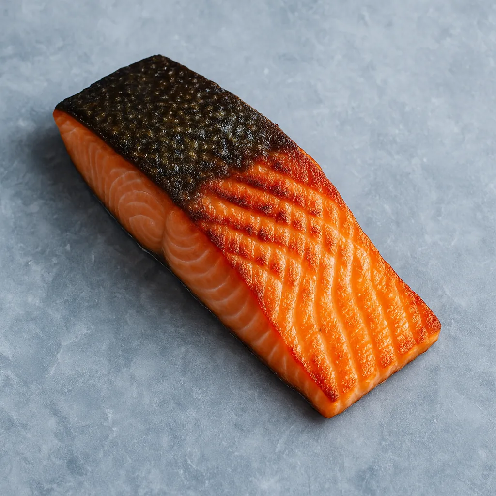 This online jigsaw puzzle features a close-up of a beautifully seared salmon fillet, perfect for lovers of food and culinary photography.