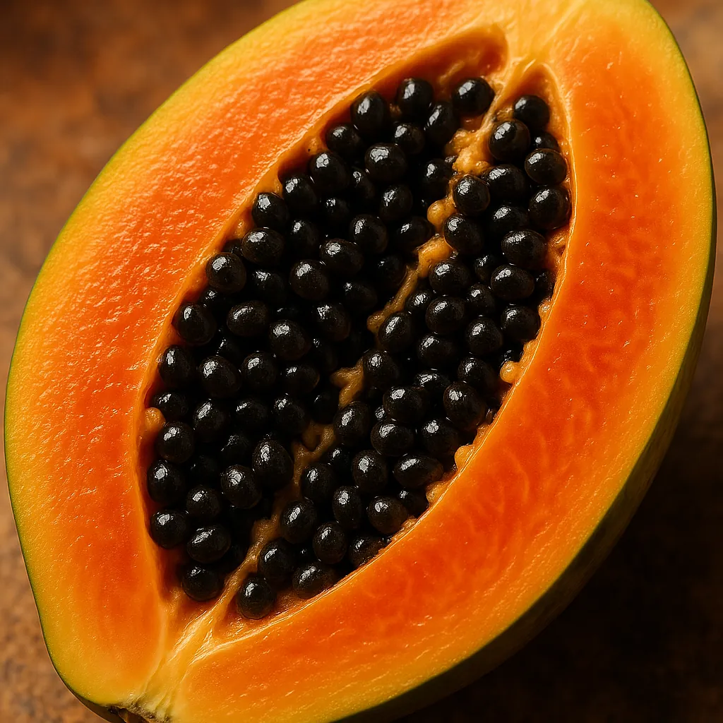 This online jigsaw puzzle features a close-up of a ripe papaya, perfect for a bright, food-themed browser puzzle.