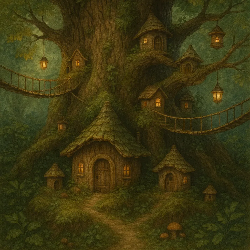 Enjoy an online jigsaw puzzle designed for browser play, featuring a whimsical fantasy scene of tiny treehouse homes tucked into an ancient forest.