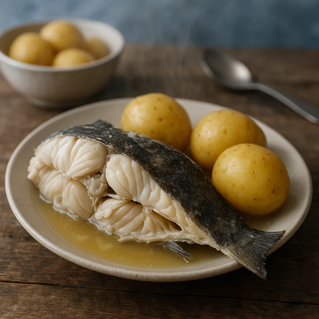 Enjoy an online jigsaw puzzle designed for browser play, featuring a comforting food scene of tender cooked fish and golden new potatoes.