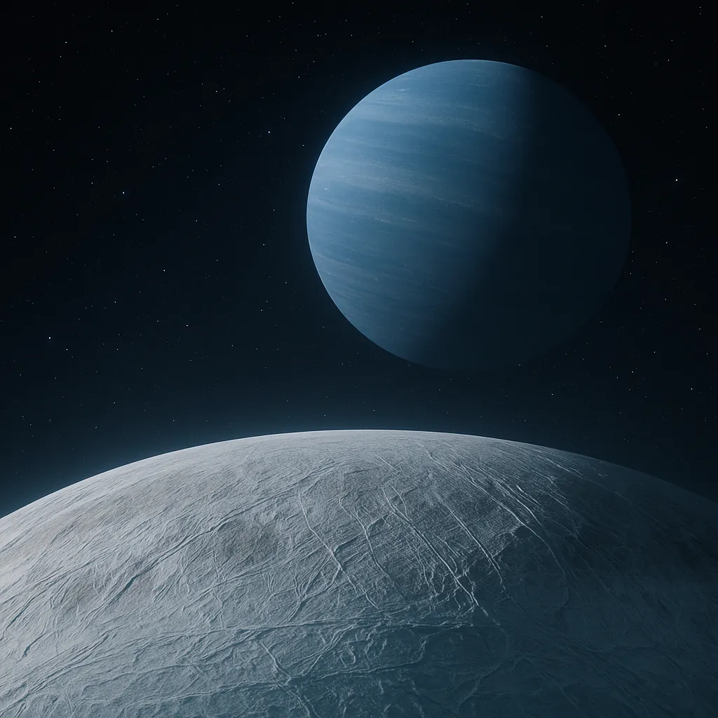 Enjoy an online jigsaw puzzle designed for browser play, featuring a tranquil space scene of icy worlds and a distant blue gas giant.