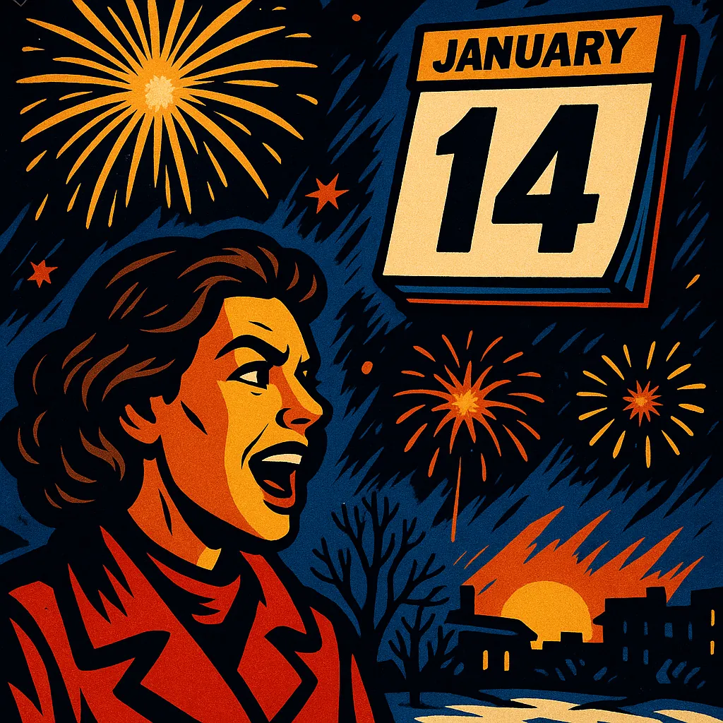 Enjoy an online jigsaw puzzle designed for browser play, featuring a bold, retro-style illustration of a person, fireworks, and a prominent calendar date.