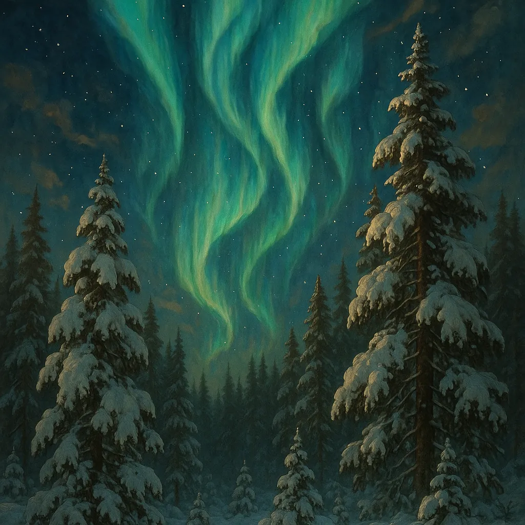 Enjoy an online jigsaw puzzle designed for browser play, featuring a serene winter nature scene illuminated by the northern lights.