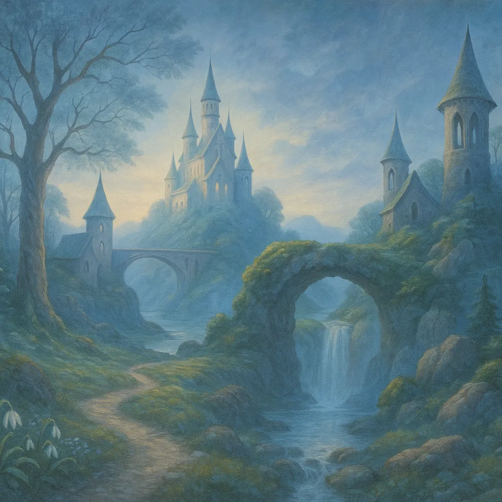 Enjoy an online jigsaw puzzle designed for browser play, featuring a dreamy fantasy landscape with a fairytale castle and lush river valley.